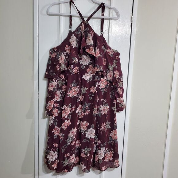 Torid Women's Plus Size 14 Burgundy Floral Cold Shoulder Boho Dress.  SKU# A-117 - Picture 3 of 16